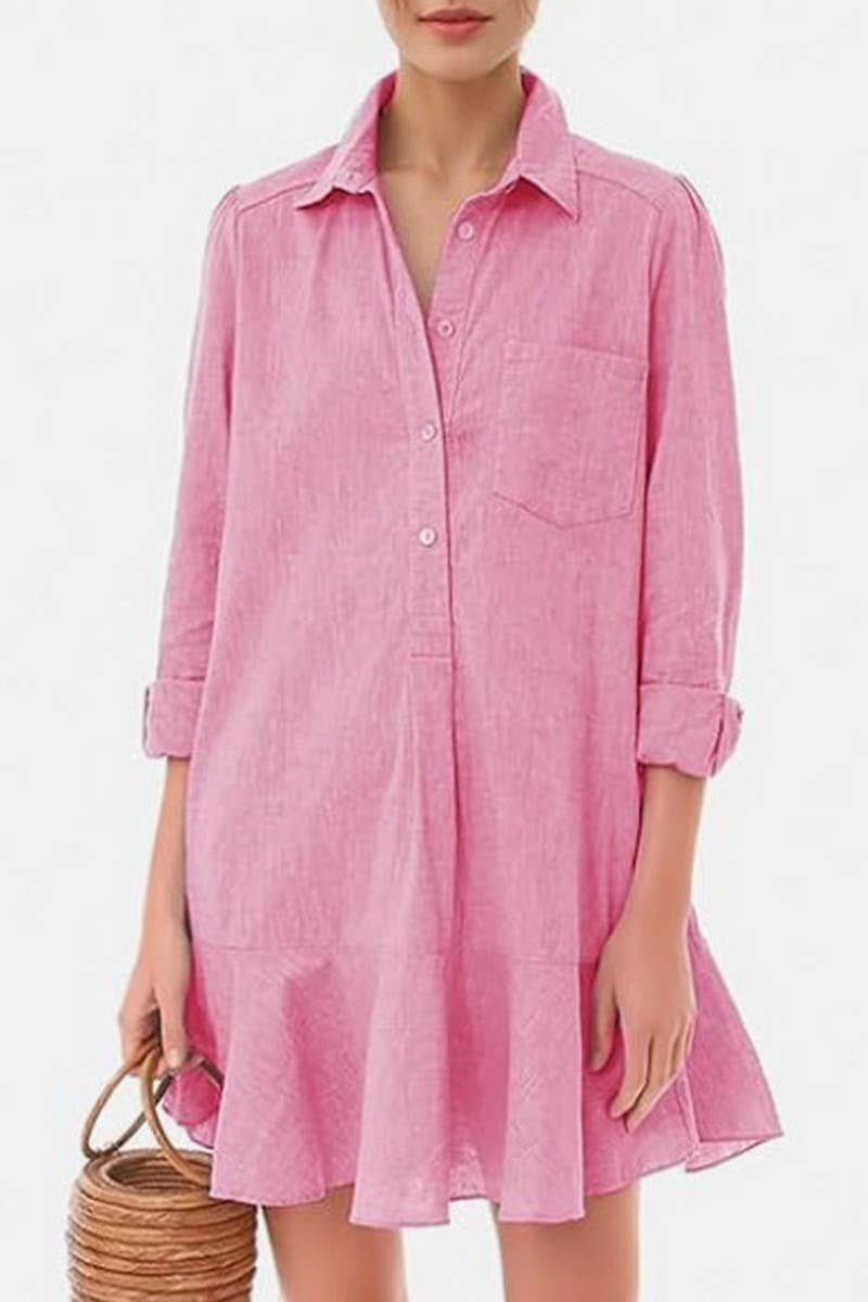 CWDSD8254_LONG SLEEVE SHIRT HEM RUFFLE DRESS