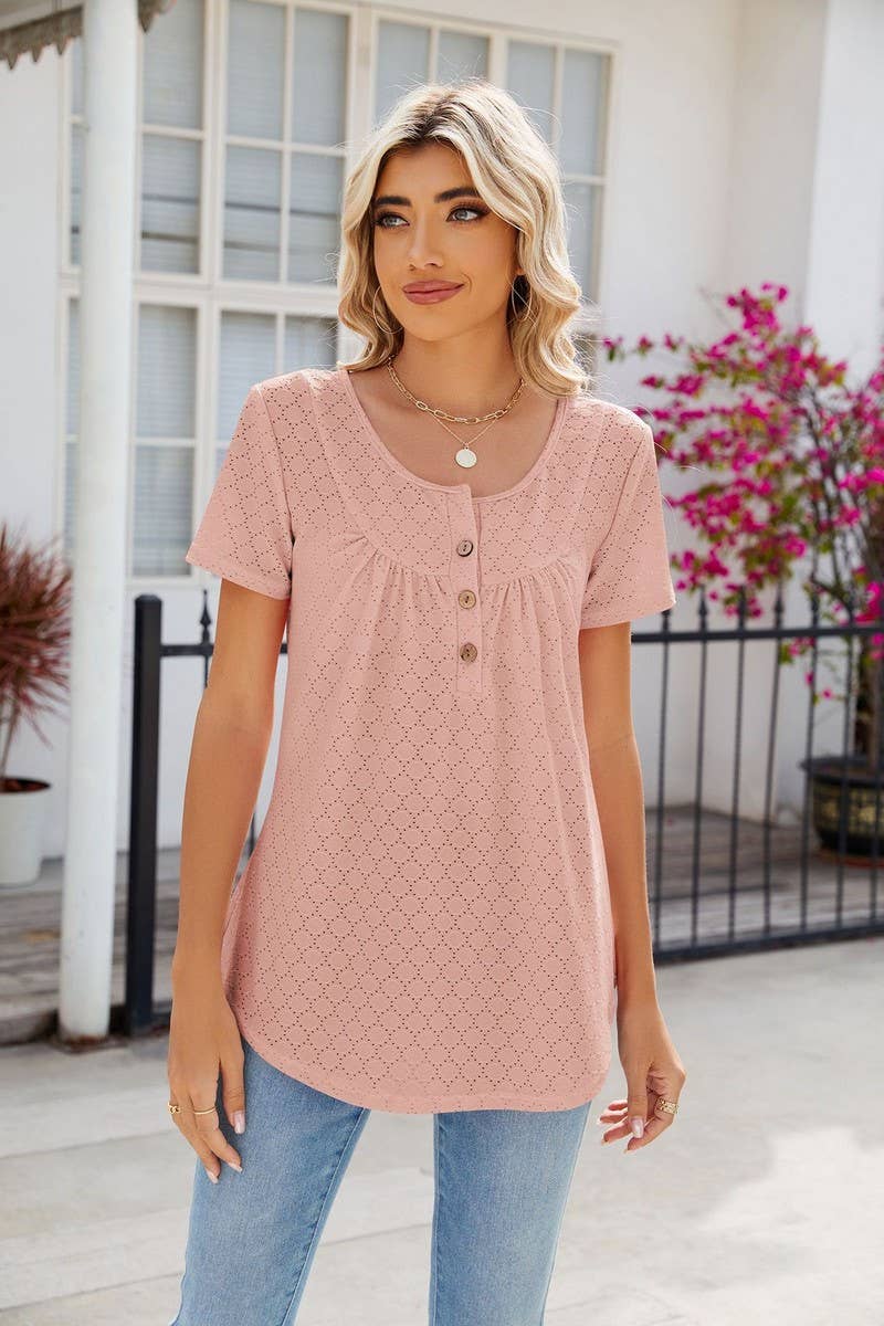 CWTBLS0435_Round Neck Short Sleeve Blouse