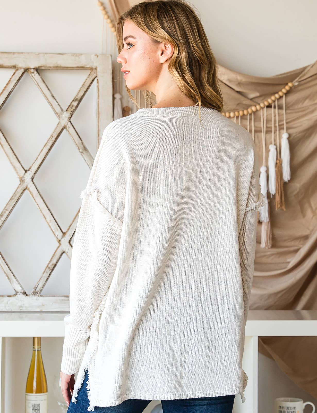 CWOSWL1832_BUTTON DOWN FRINGE SHOULDER SWEATER KNIT TOP