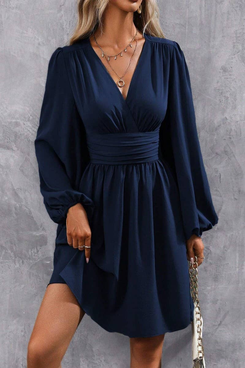 CWDSD8399_V NECK LANTERN SLEEVE RUCHED WAIST DRESS