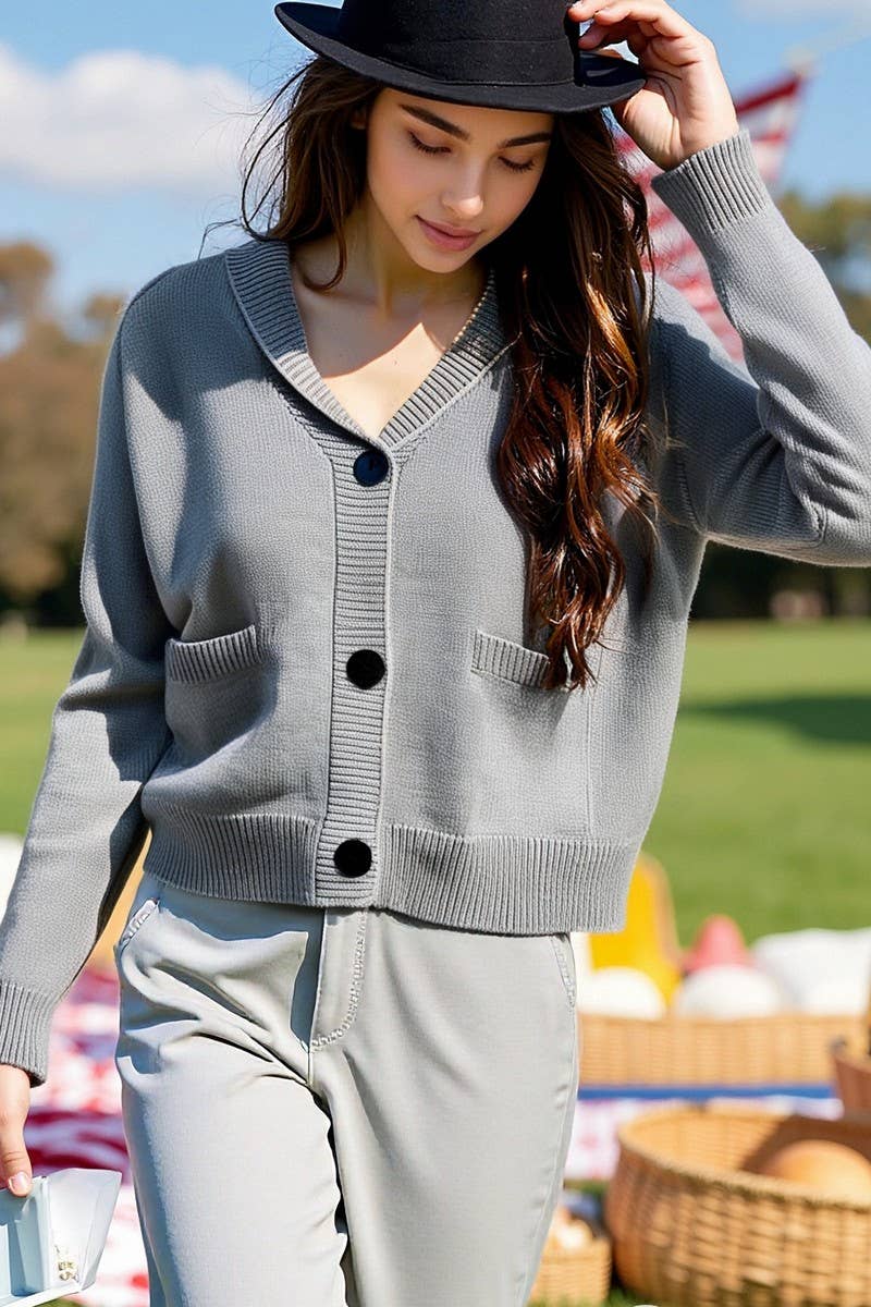 CWOSWL07085_V-NECK CASUAL LOOSE LONG-SLEEVED SWEATER