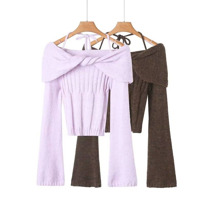 DESIGN ONE-LINE SHOULDER TWIST HALTER KNITWEAR