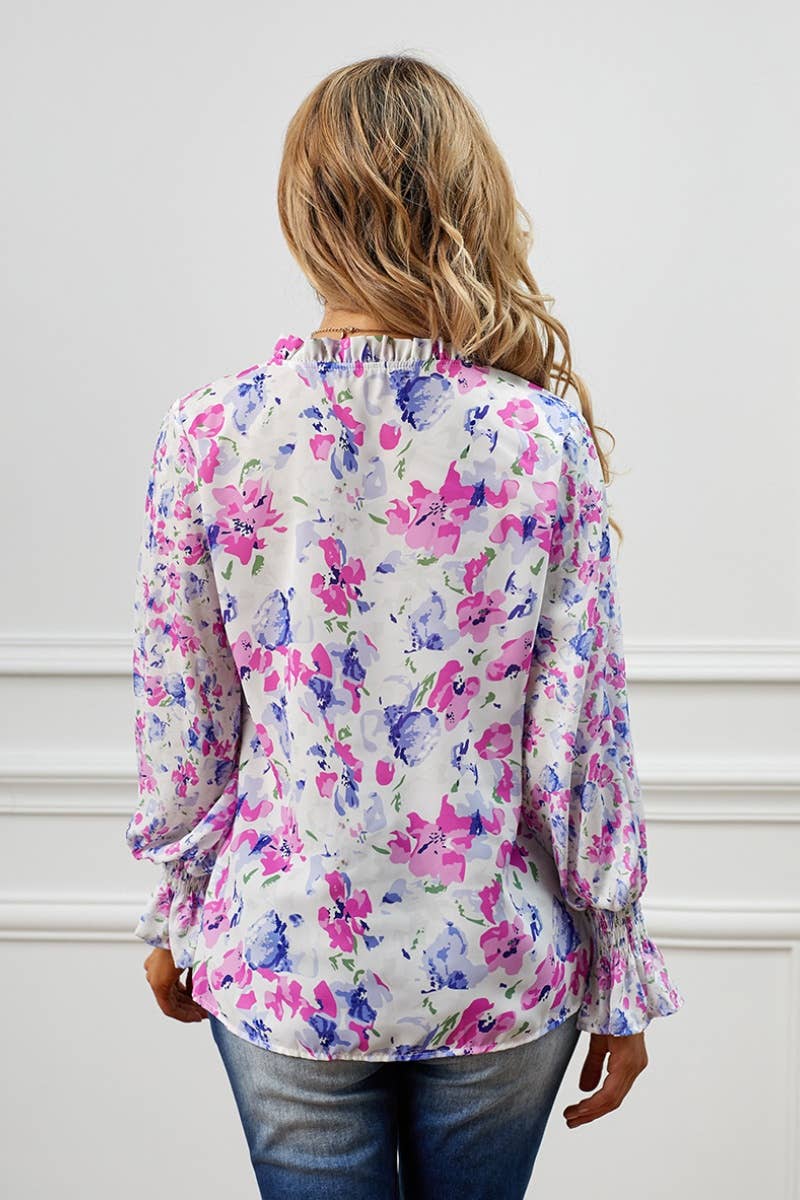 CWTBLL1151_FLORAL CHIFFON LONG SLEEVE V-NECK SHIRT TOP