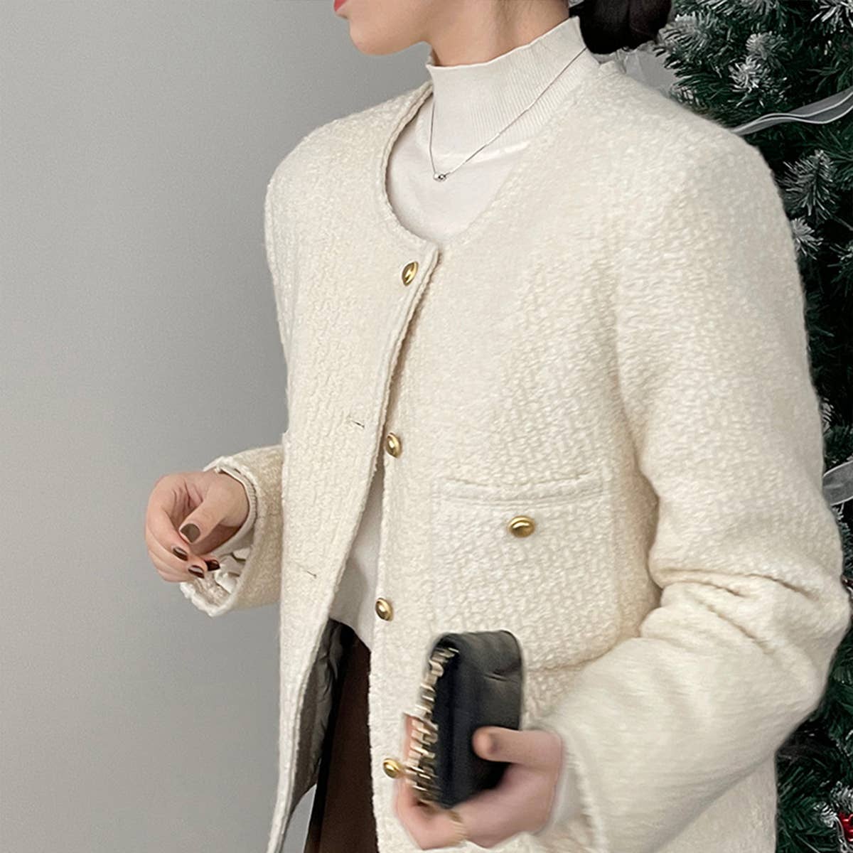 Collarless single-breasted cardigan coat