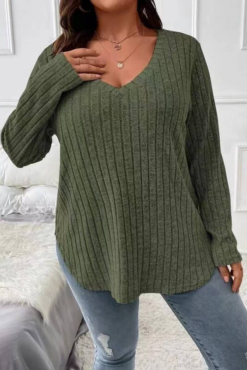 CWTTL1961_SPRING AND AUTUMN V-NECK LARGE SIZE RIBBED TOP