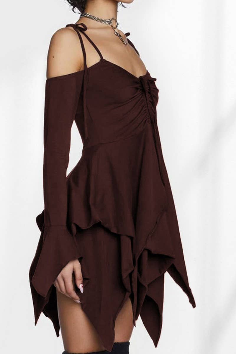 CWDSD7953_ELEGANT RUFFLED OFF-SHOULDER PATCHWORK MIDI DRESS