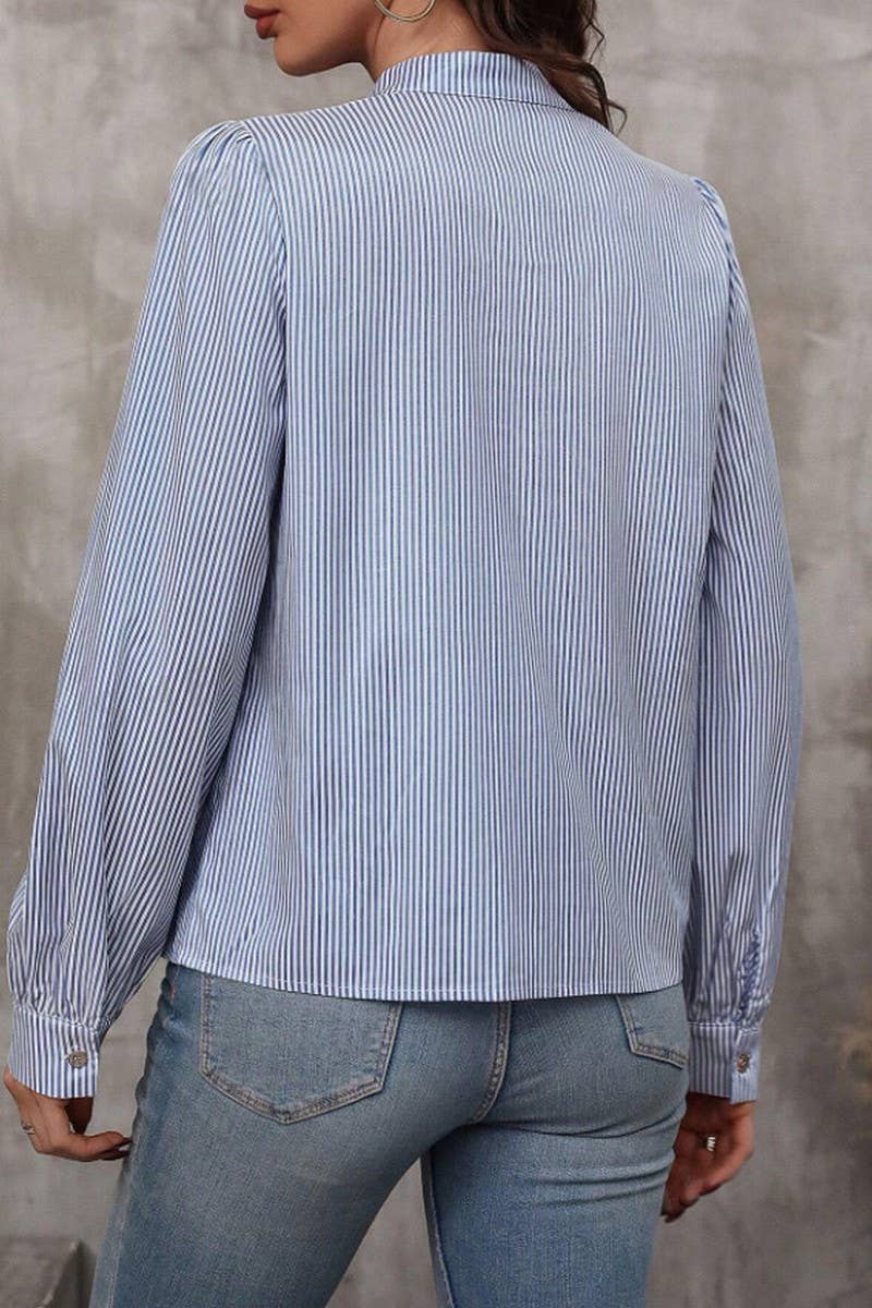 CWTSTL2886_STRIPED V-NECK TIE FRONT BUTTON LONG SLEEVE SHIRT