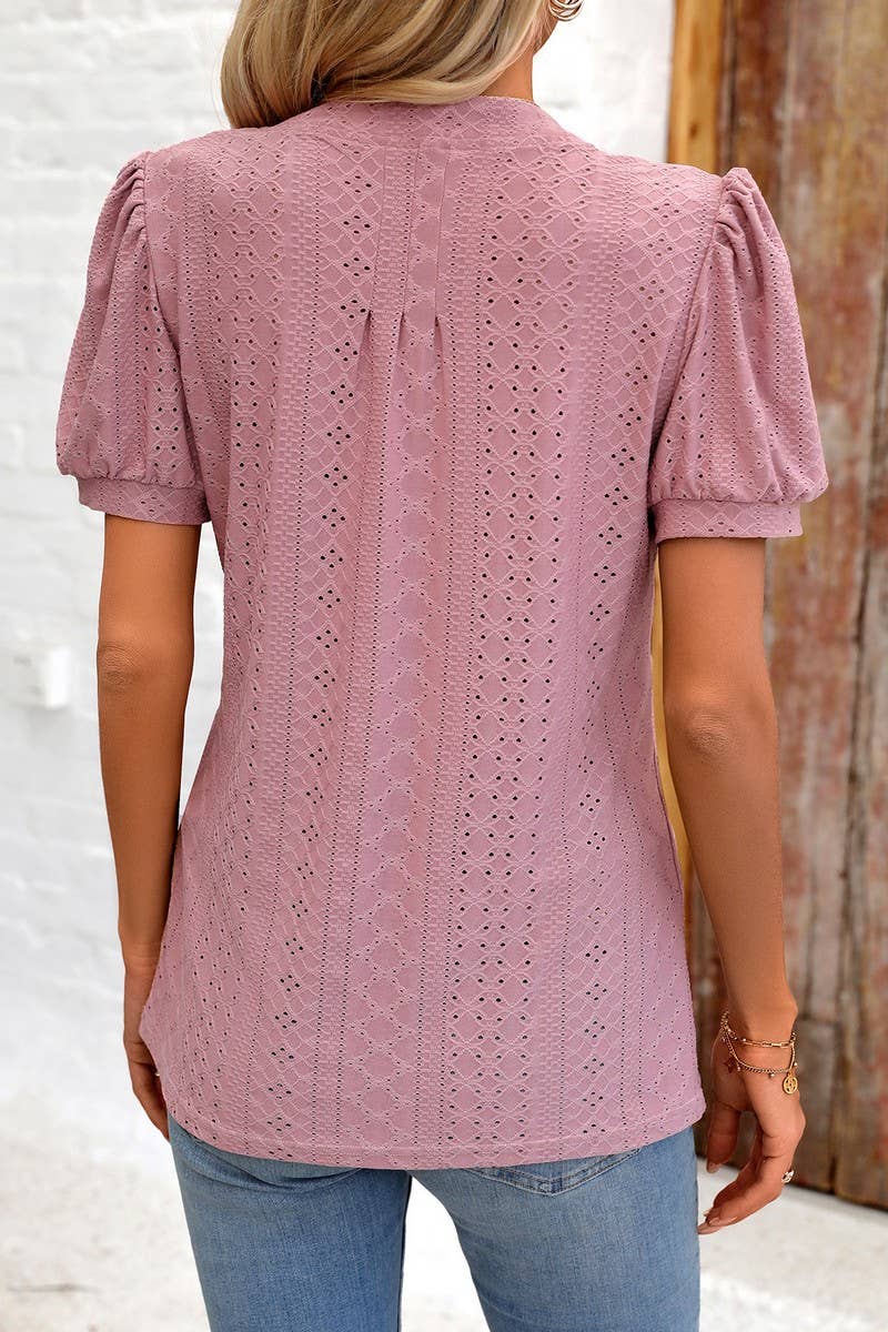 CWTBLS0794_SOLID COLOR V NECK LOOSE SHORT SLEEVED TOP