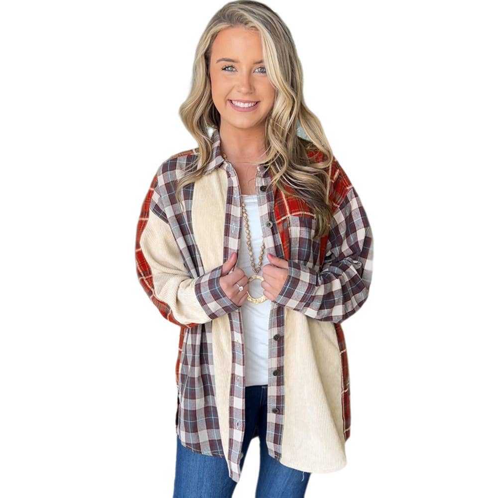 CORDUROY CHECK PATCHWORK SINGLE BREASTED SHIRT