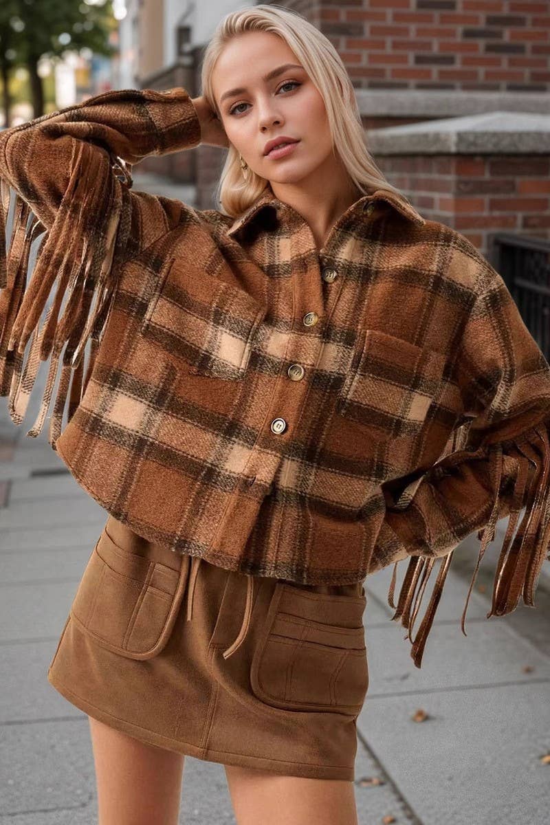 CWOCO1273_VINTAGE PLAID SLEEVES WITH SIDE FRINGE LONG SLEEVE