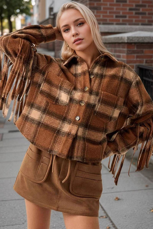 CWOCO1273_VINTAGE PLAID SLEEVES WITH SIDE FRINGE LONG SLEEVE
