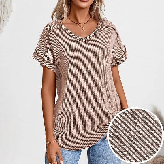 Fashion two-tone twist short sleeve V-neck shirt