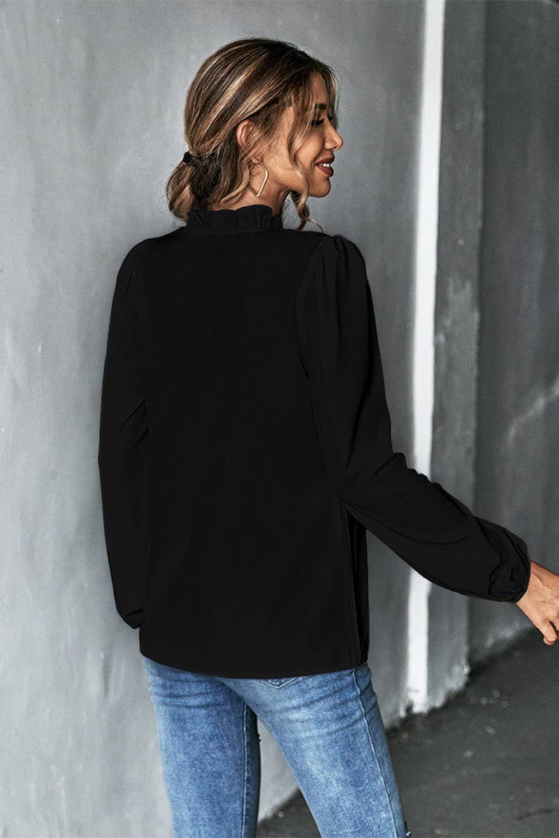 CWTBLL2705_RUFFLED V-NECK LONG-SLEEVED COMMUTER SHIRT TOP