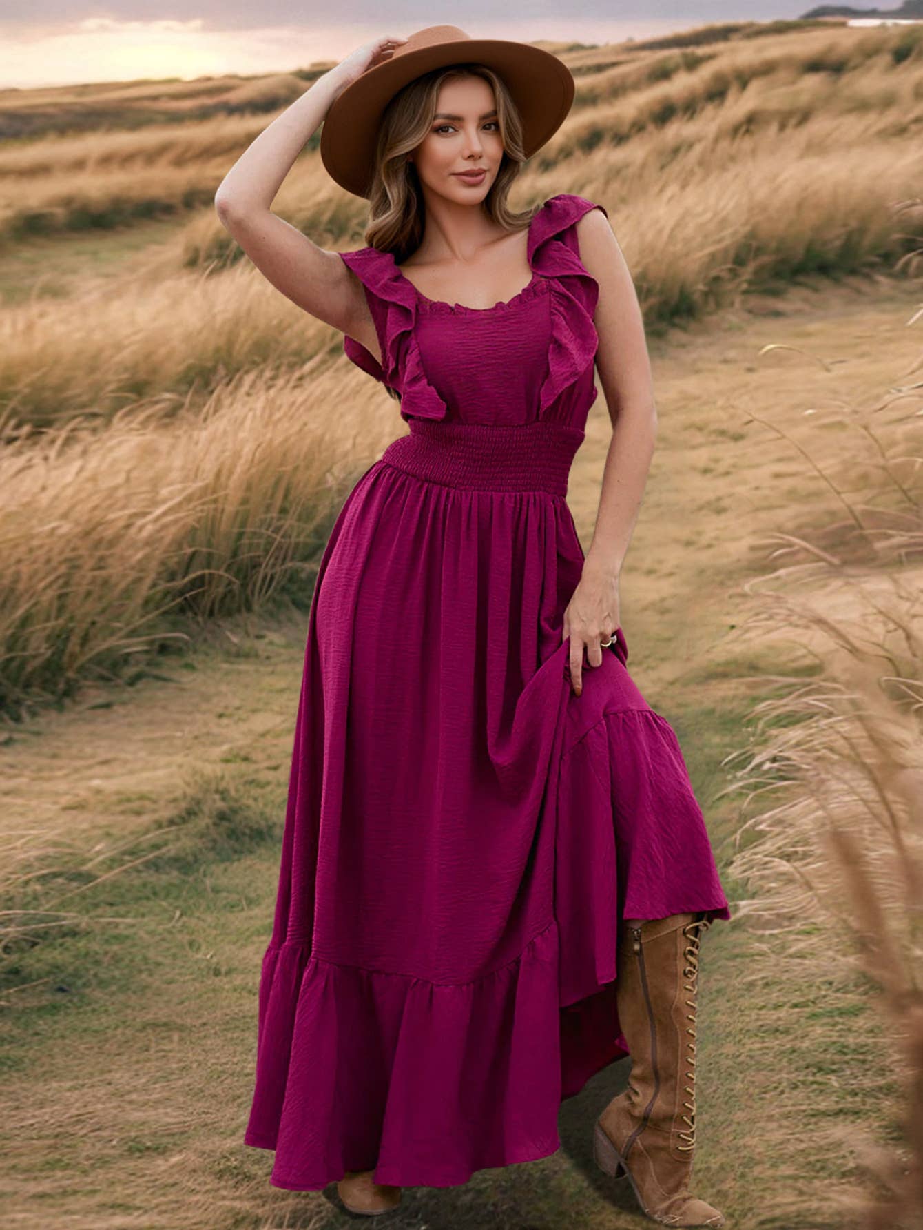 Chic Slim Fit Ruffle Off-Shoulder Vintage Dress