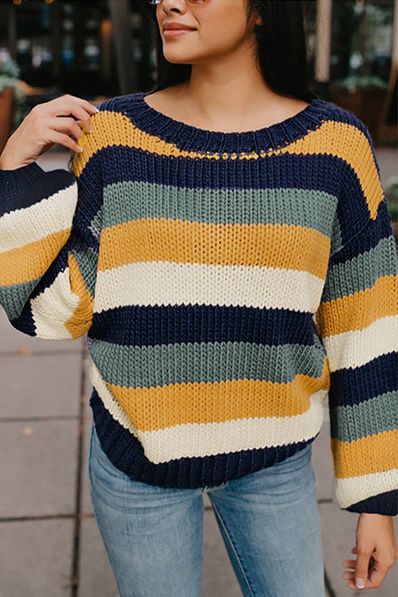 COLOR-CONTRAST STRIPED OFF-SHOULDER SWEATER