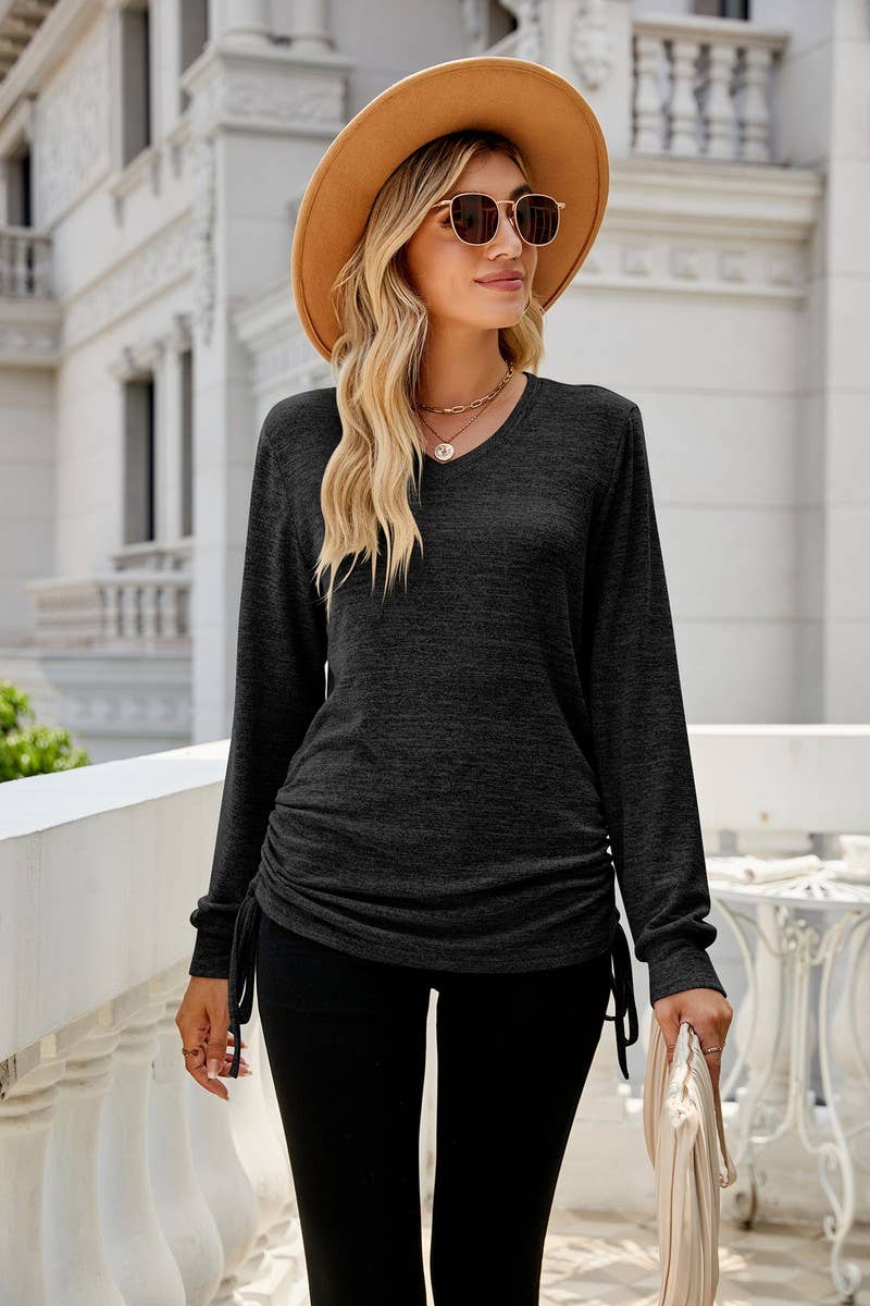 CWTBLL2405_SOLID COLOR LONG SLEEVE V-NECK PLEATED LOOSE TOP