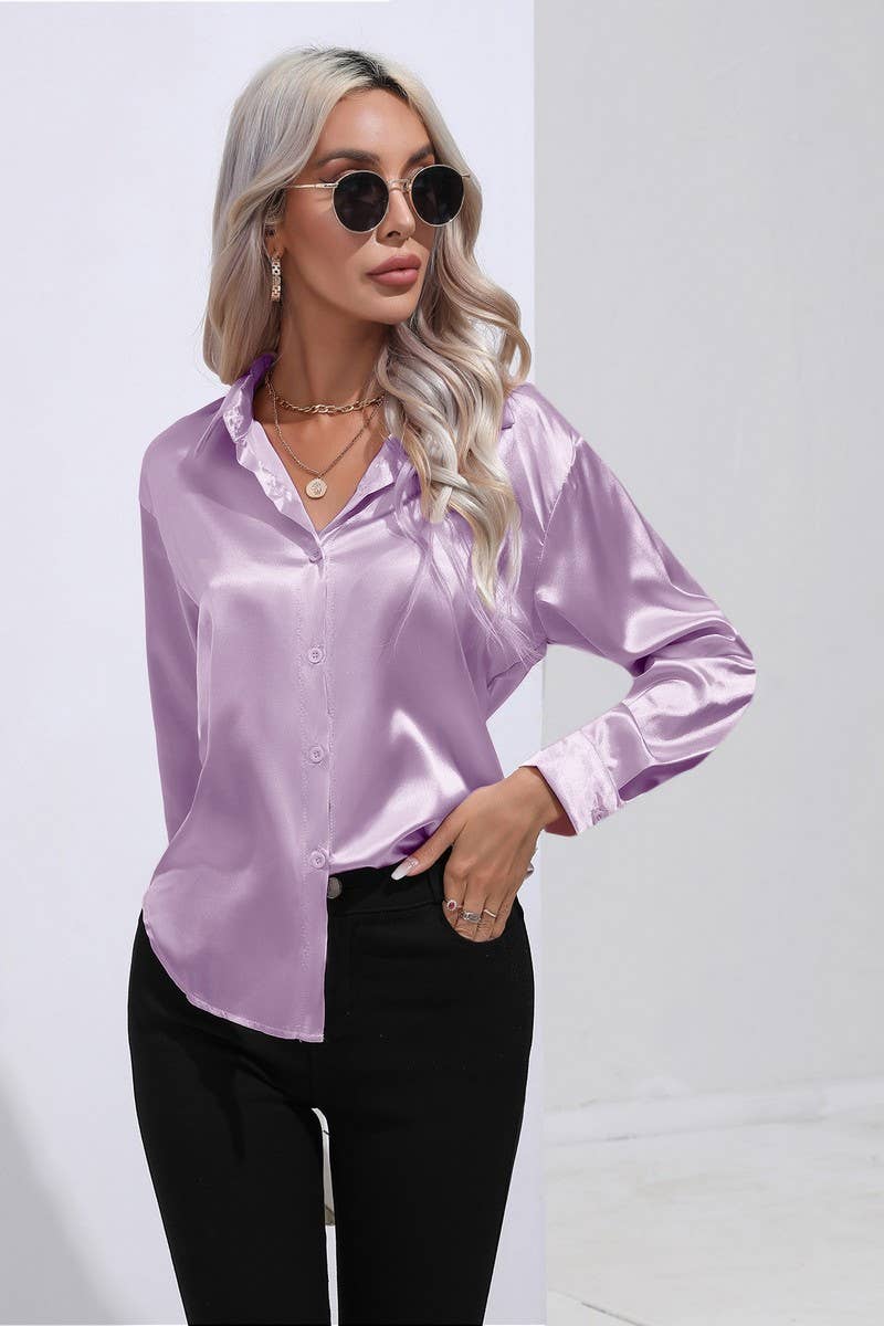CWTBLL0690_Button Down Silky Satin Long Sleeve Top