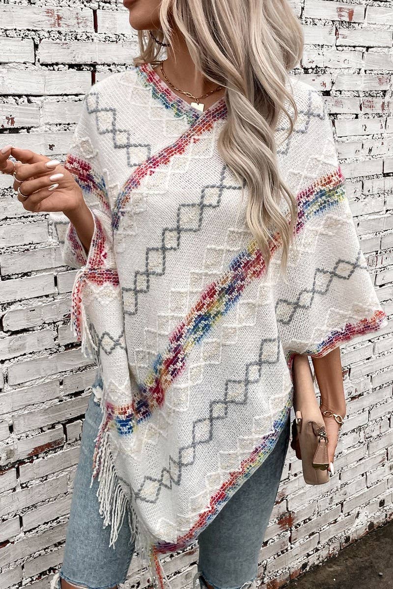 CWOSWS0095_COLORFUL STRIPED KNITTED FRINGE CAPE SHAWL