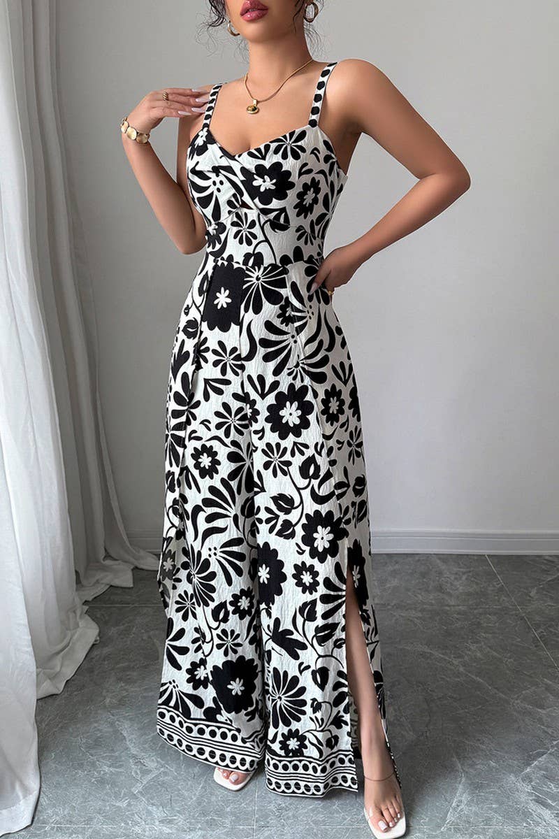 CWDHL0890_ELEGANT TWISTED PRINT SUSPENDERS WIDE-LEG JUMPSUIT