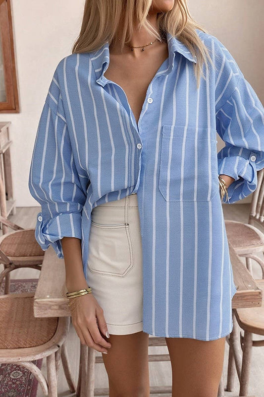 CWTSTL00963_LOOSE POLO COLLAR STRIPED WORK SHIRT TOP