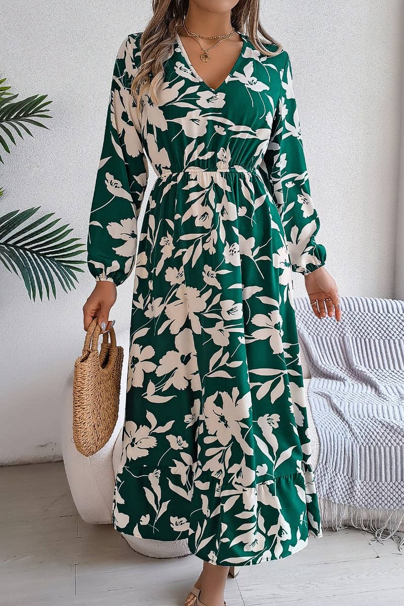 CWDMD2681_AUTUMN CASUAL FLOWER WAIST LONG SLEEVE DRESS