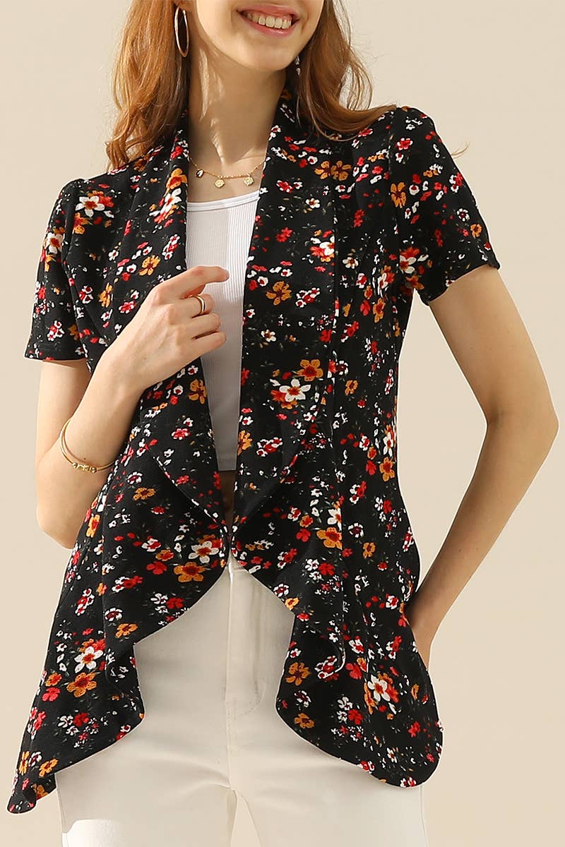 CWOBL095_Short Sleeve Open Front Draped Ruffles Blouses