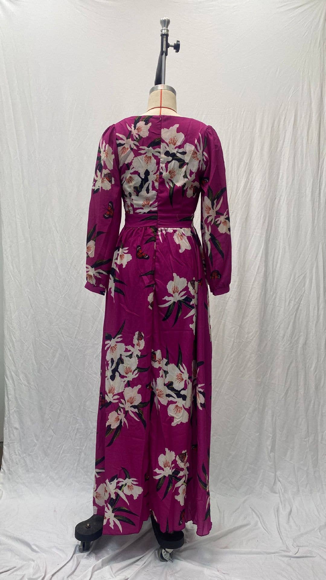 DEEP V-NECK LONG SLEEVE PRINTED WAIST LONG DRESS