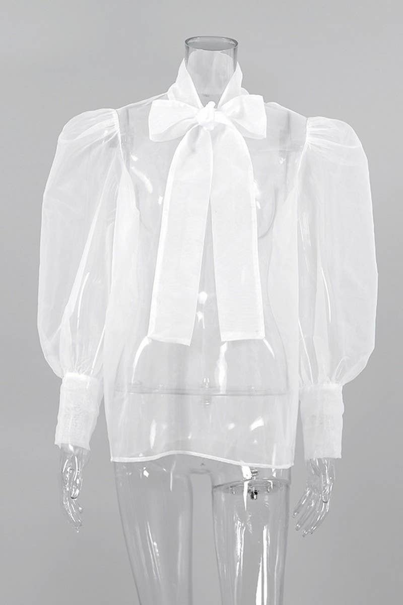 CWTSTL2579_PUFF SLEEVE BOWKNOT SEE-THROUGH LONG SLEEVE TOP