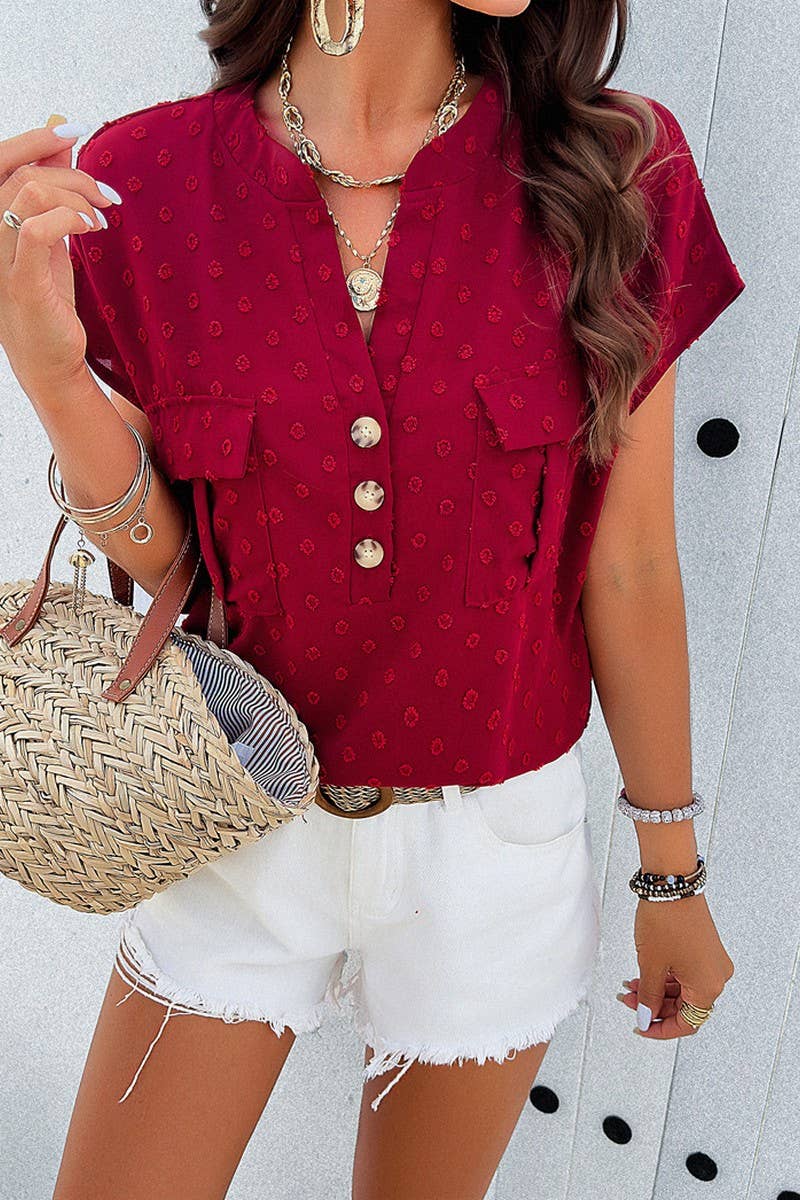 CWTBLS0387_V-Neck Button Detailed Short Sleeve Top