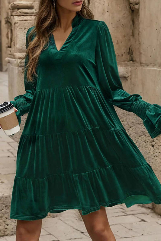 CWDMD3552_V-NECK LONG-SLEEVED SOLID COLOR VELVET DRESS