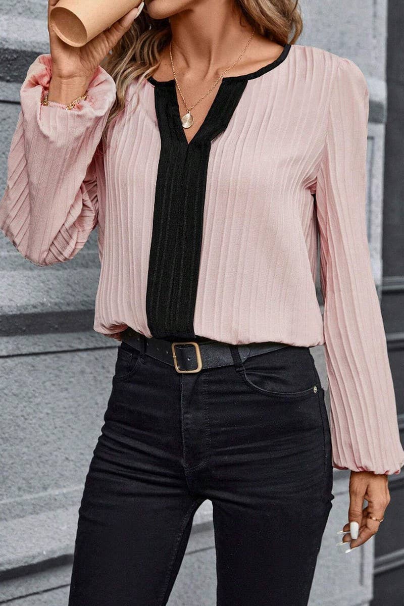 CWTBLL4007_COLORBLOCK V-NECK PUFF SLEEVE LONG SLEEVE SHIRT