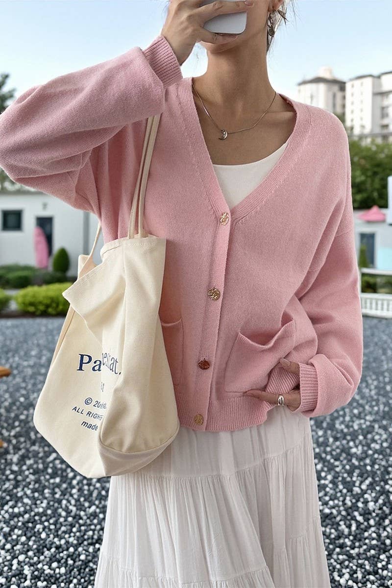 CWOCAL00771_SOLID COLOR V-NECK KNITTED CARDIGAN