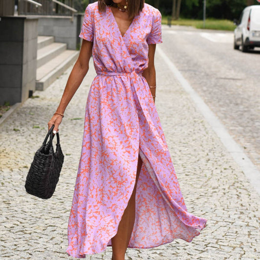 Abstract print V-neck lace-up long slit dress