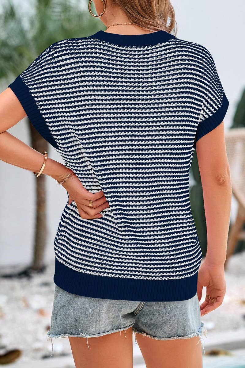 CWTTS1364_SUMMER CREW NECK CASUAL STRIPED KNITTED TOP