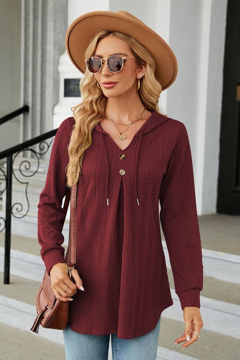 CWTBLL2794_FALL V-NECK HOODED LONG-SLEEVED KNIT TOP