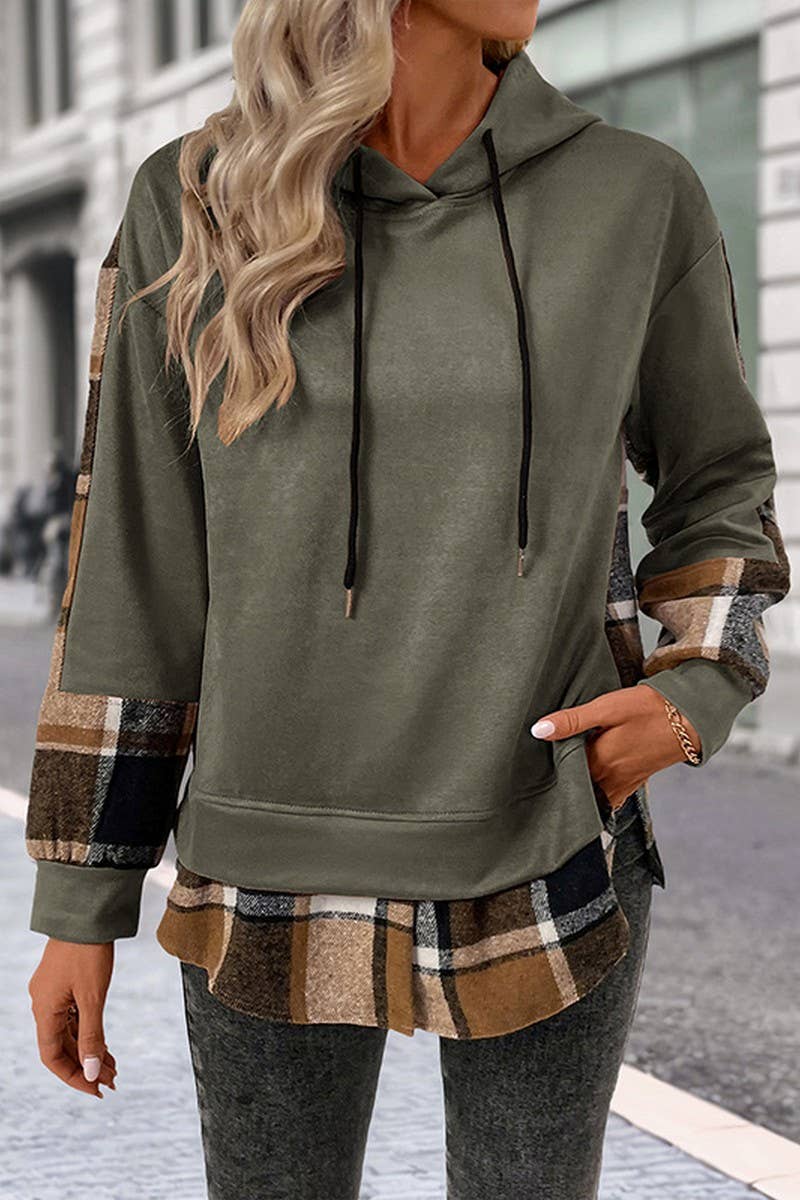 CWOHOL00587_PLAID PATCHWORK BRITISH STYLE HOODED SWEATSHIRT
