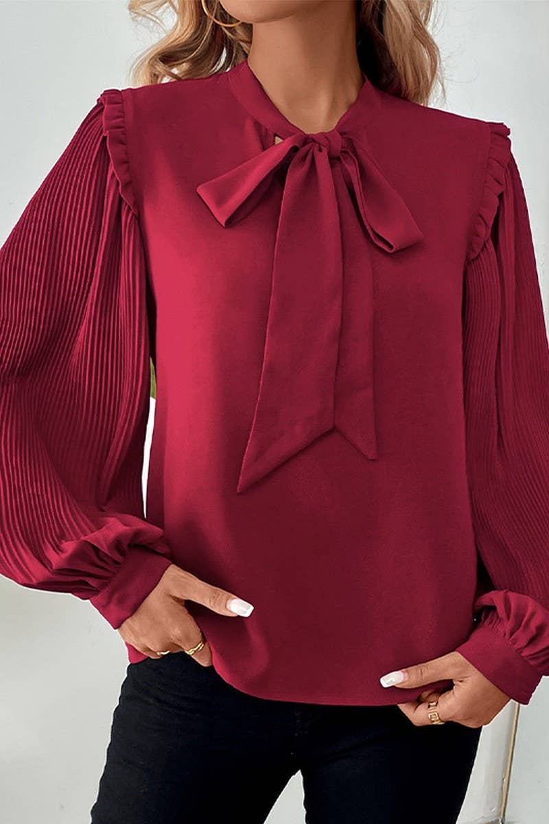 CWTBLL3701_TEMPERAMENT BOW TIE COLLAR LANTERN SLEEVE SHIRT