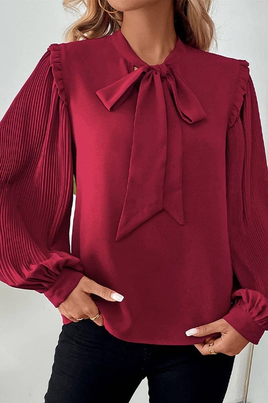 CWTBLL3701_TEMPERAMENT BOW TIE COLLAR LANTERN SLEEVE SHIRT