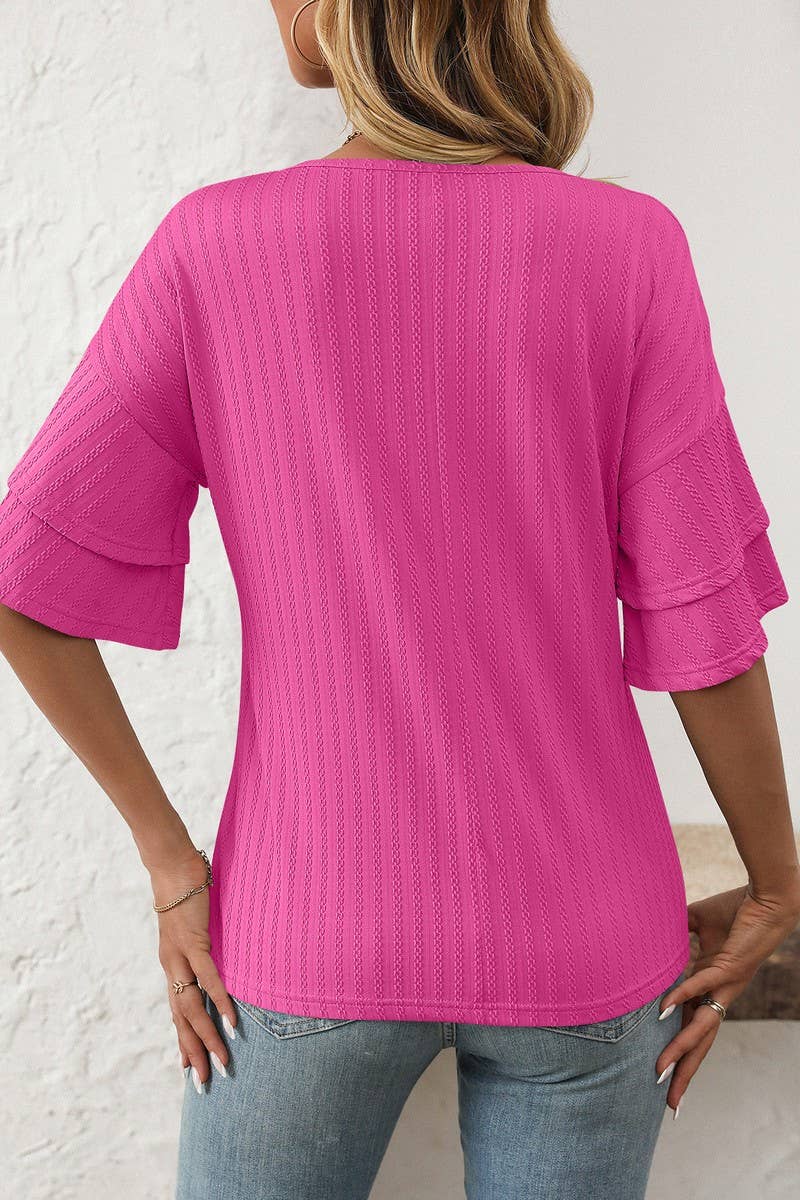 CWTBLS1713_SOLID COLOR V-NECK LOTUS SLEEVE T-SHIRT TOP