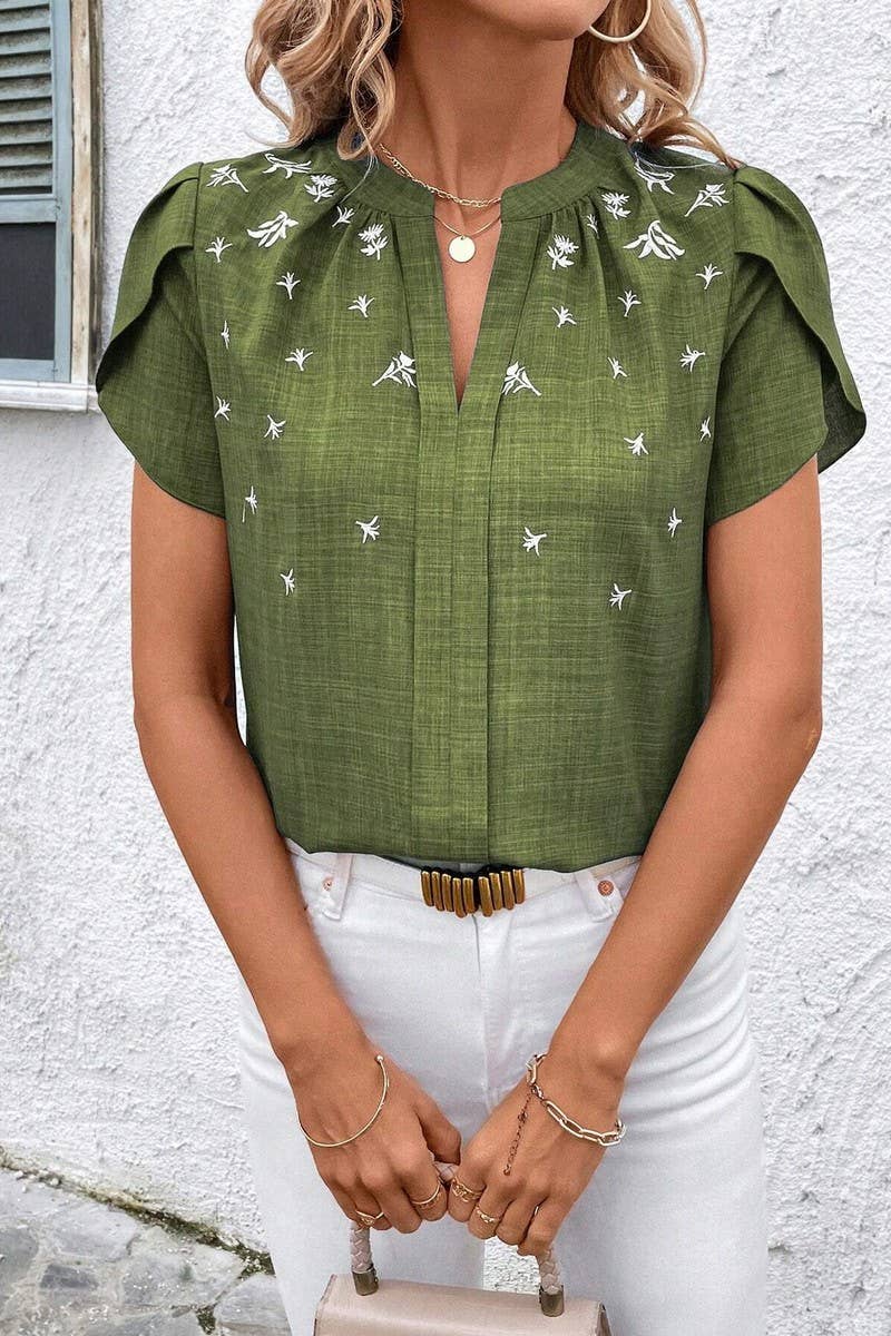 CWTTS1389_SUMMER SOLID COLOR HALF OPEN COLLAR PRINTED TOP