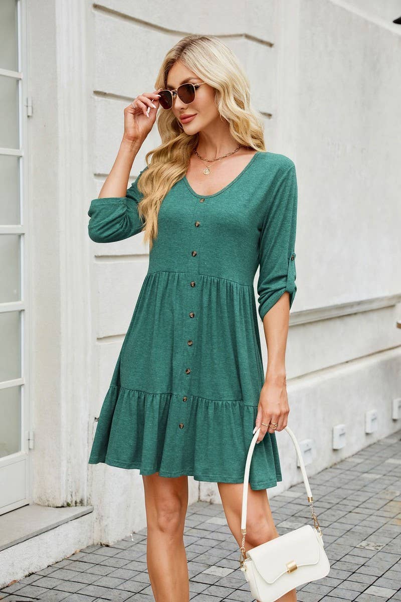 CWDSD8716_V-NECK LONG SLEEVE BUTTON FRONT LOOSE SOLID DRESS