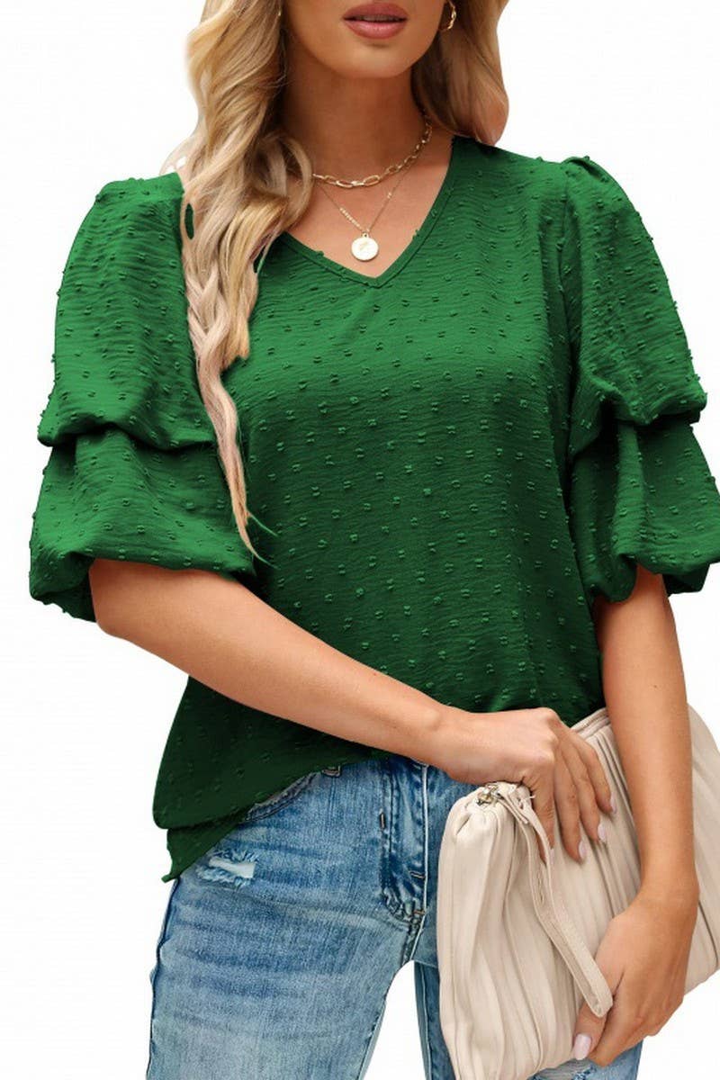 CWTBLS02488_V-NECK LANTERN SLEEVE DOT CHIFFON TOP