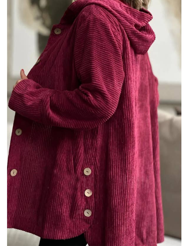 CORDUROY LONG SINGLE BREASTED HOODED LOOSE JACKET