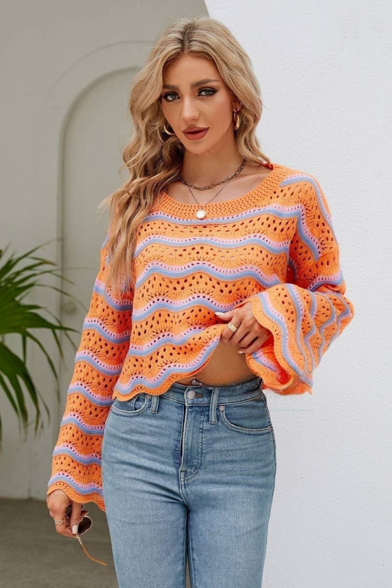 CWOSWL603 Flare Sleeved Round neck Hollowed Out Sweater