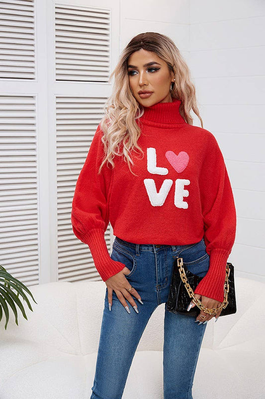 CWOSWL2442_LOVE HIGH COLLAR BAT SLEEVE PULLOVER KNIT TOP