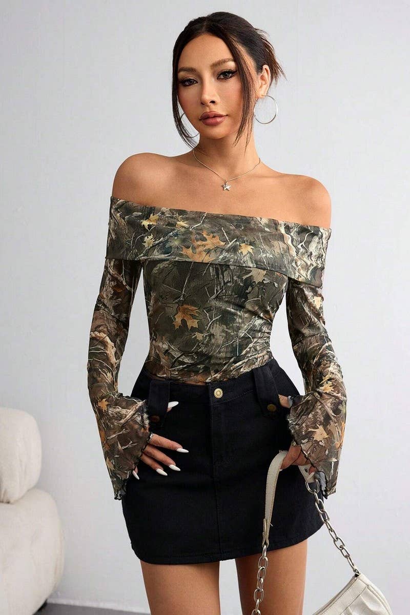 CWTBLL3470_MESH PRINTED OFF-SHOULDER LONG SLEEVE T-SHIRT TOP