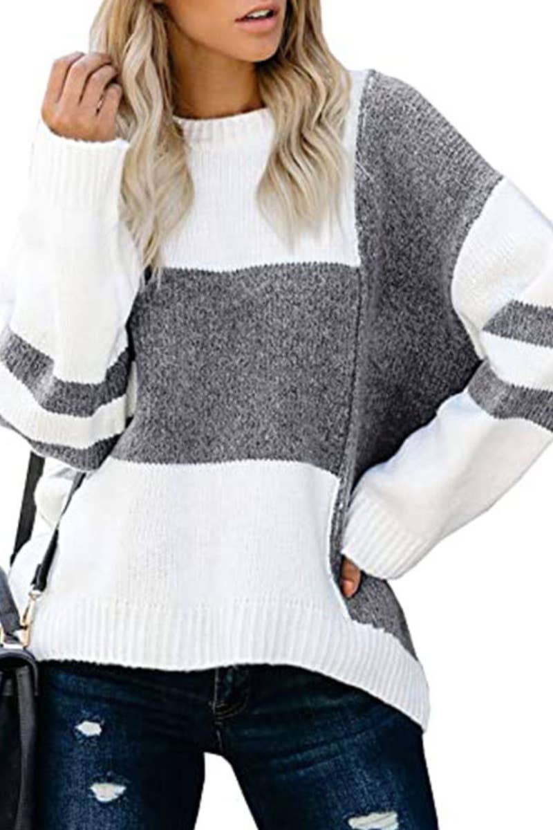 CWOSWL5198_COLOR CONTRAST PATCHWORK LONG-SLEEVED SWEATER
