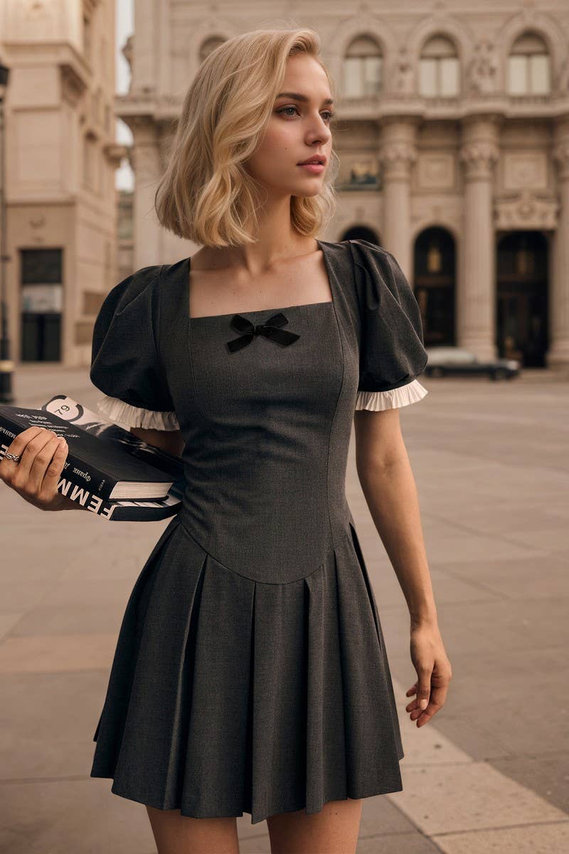 CWDSD8881_SQUARE NECK FITTED A-LINE MINI DRESS