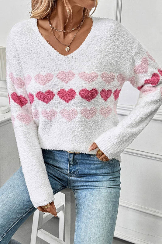 CWOSWL6902_V-NECK LONG SLEEVE HEART PRINT SWEATER