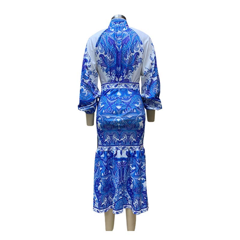 BOHO PRINT TOP MID-LENGTH WRAP ARM SKIRT SUIT